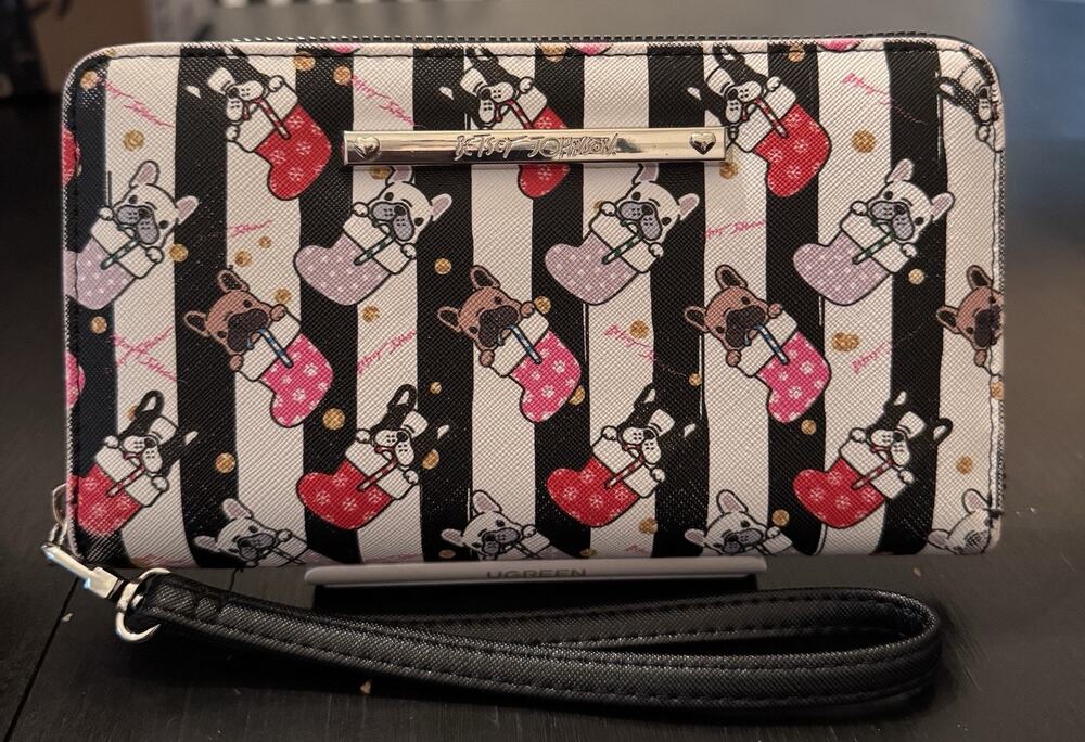Betsey Johnson French Bulldog Holiday Stocking Zip Around Wristlet Wallet